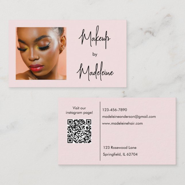 Cartão De Visita Blush Pink Script Social Icon QR Code Photo Makeup (Frente/Verso)