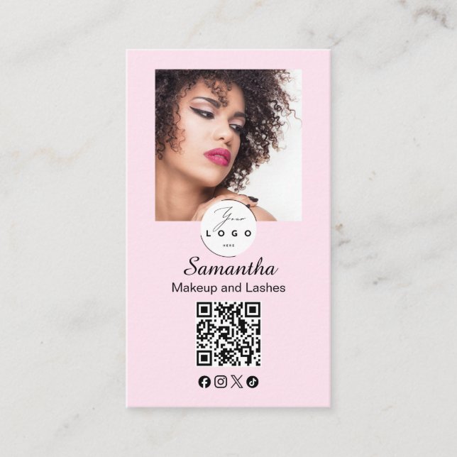 Cartão De Visita Blush Pink Script Social Icon QR Code Photo Makeup (Frente)