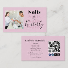 Cartão De Visita Blush Pink Script Social Icon QR Code Photo Nails