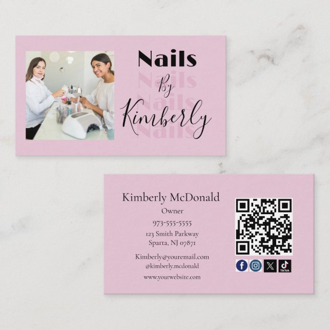 Cartão De Visita Blush Pink Script Social Icon QR Code Photo Nails (Frente/Verso)