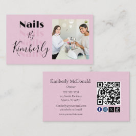 Cartão De Visita Blush Pink Script Social Icon QR Code Photo Nails