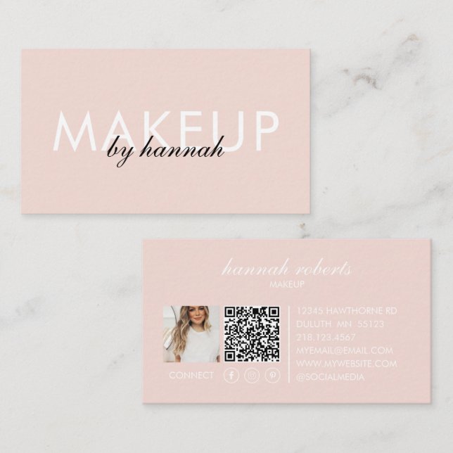 Cartão De Visita Blush Pink Script Social QR Code Photo Makeup (Frente/Verso)