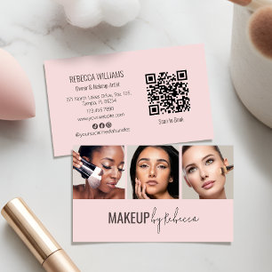Cartão De Visita Blush Rosa 3 Código QR de Foto Maquiagem Moderna