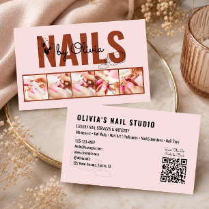 Cartão De Visita Blush Rosa 5 Foto Qr-Code Linha-Arte Salão de Unha