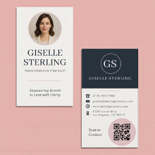 Cartão De Visita Blush Rosa Blush & Azul Marinho Código QR Foto