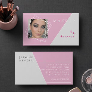 Cartão De Visita Blush Rosa Cinza Branco Foto Geométrica Maquiagem 
