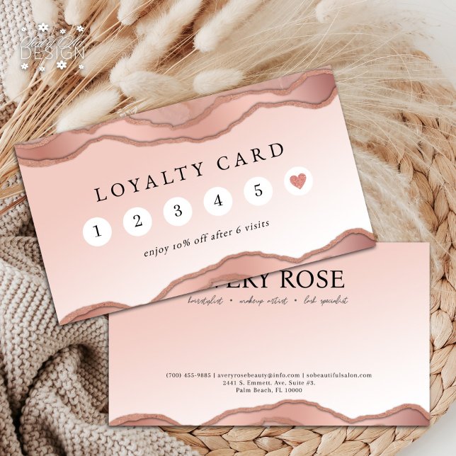 Cartão De Visita Blush Rosa Dourado Marble Agate Beauty Lealdade (Criador carregado)