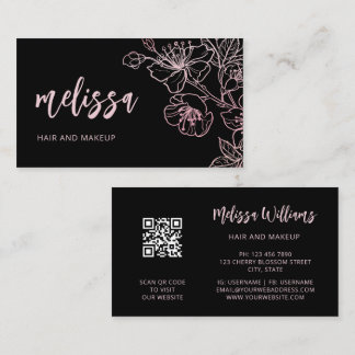 Cartão De Visita Blush Rosa Dourado Rosa Preto Floral | Código QR N