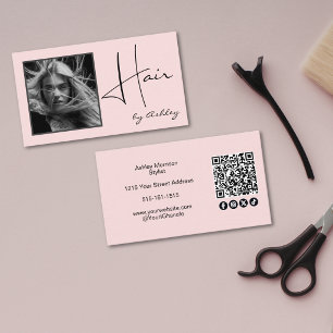 Cartão De Visita Blush Rosa Foto Preto Script Cabelo Código QR Soci