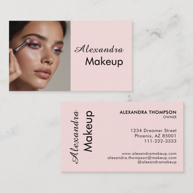 Cartão De Visita Blush Rosa Preto Script Foto Maquiagem  (Frente/Verso)