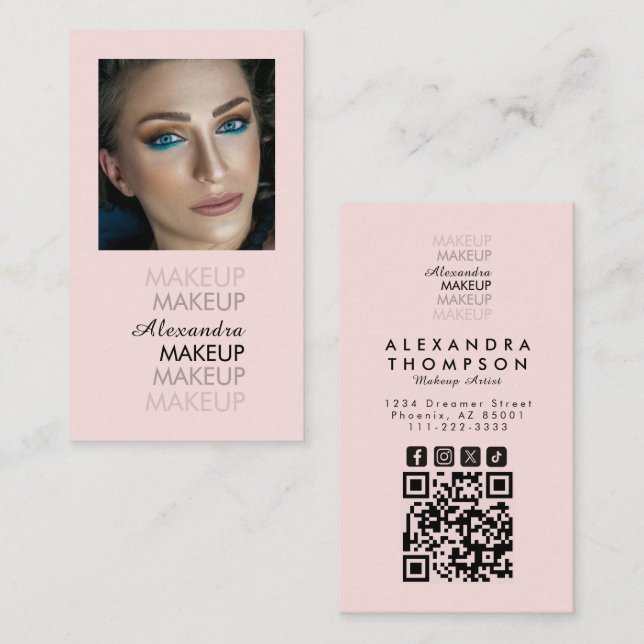 Cartão De Visita Blush Rosa Preto Script Foto Qr Code Maquiagem  (Frente/Verso)