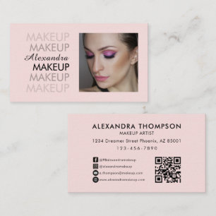 Cartão De Visita Blush Rosa Preto Script Foto Qr Code Maquiagem