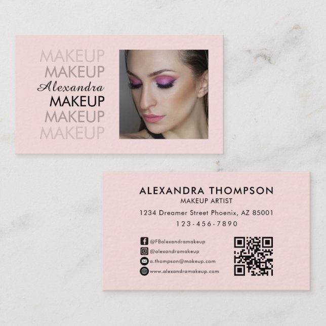 Cartão De Visita Blush Rosa Preto Script Foto Qr Code Maquiagem (Frente/Verso)
