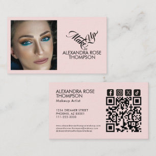 Cartão De Visita Blush Rosa Preto Script Qr Code Ícone Social Maqui