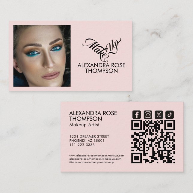 Cartão De Visita Blush Rosa Preto Script Qr Code Ícone Social Maqui (Frente/Verso)