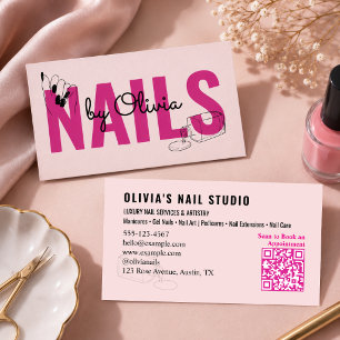 Cartão De Visita Blush Rosa Preto Script QrCode Arte de Linha Salão