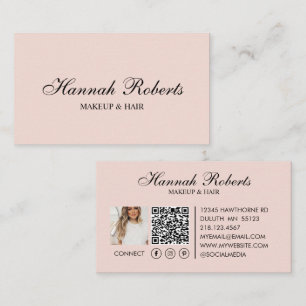 Cartão De Visita Blush Rosa Preto Script Social QR Code Cabelo Maqu