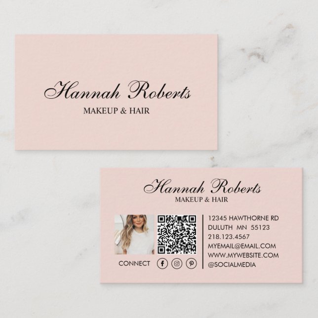 Cartão De Visita Blush Rosa Preto Script Social QR Code Cabelo Maqu (Frente/Verso)