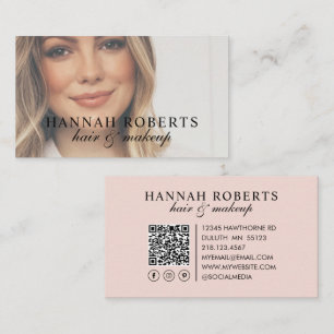 Cartão De Visita Blush Rosa Rascunho Código QR Social Foto Maquiage