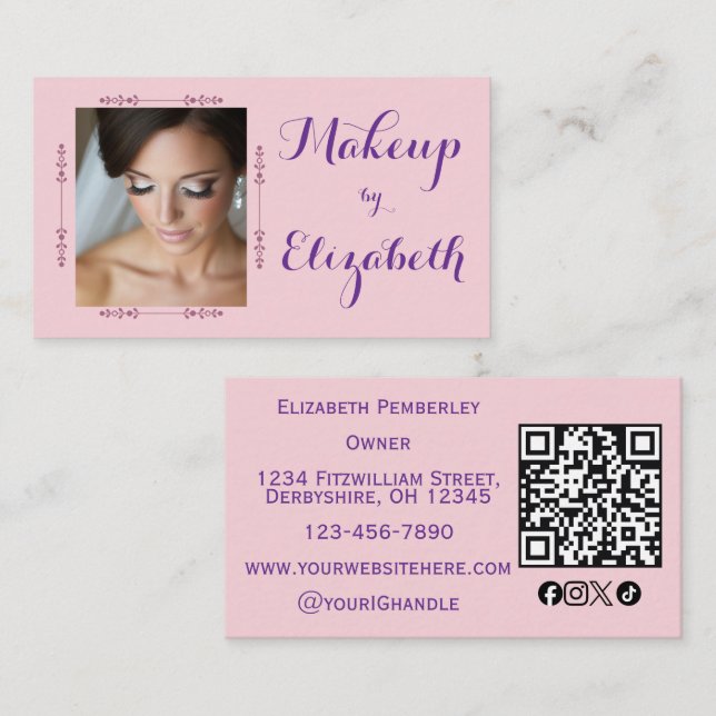 Cartão De Visita Blush Rosa Rosto Ícone Social QR Code Foto Maquiag (Frente/Verso)