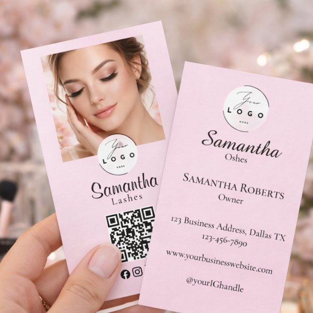 Cartão De Visita Blush Rosa Script Ícone Social QR Code Foto Maquia (Criador carregado)
