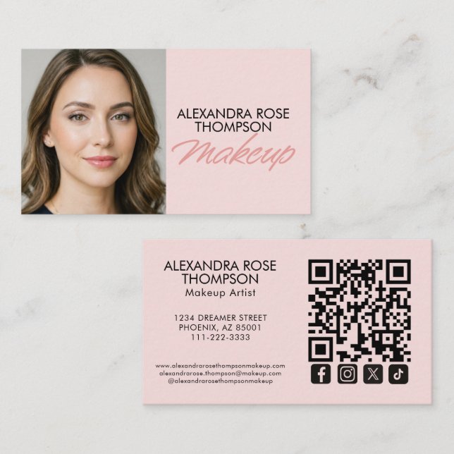 Cartão De Visita Blush Rosa Script Qr Code Ícone Social Maquiagem (Frente/Verso)