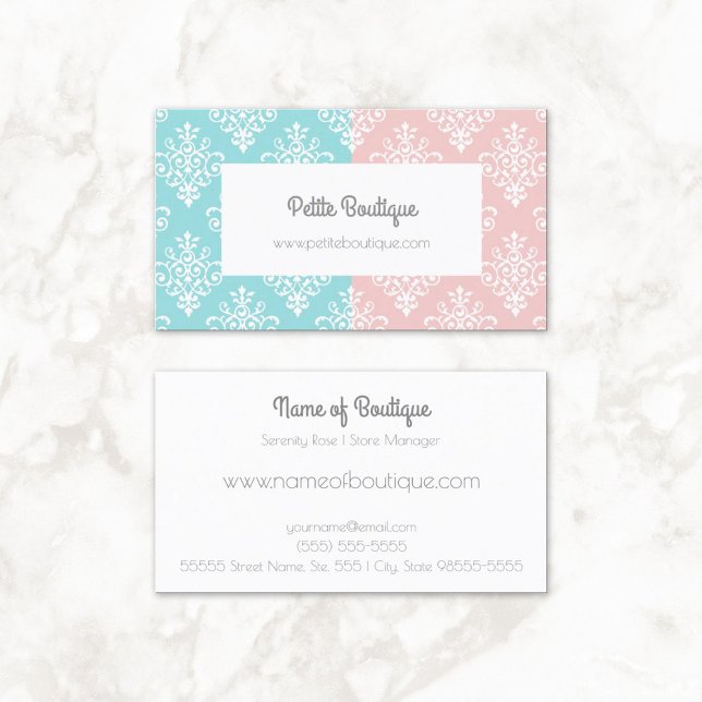 Cartão De Visita Boas Prensas, Rosa e Azul, Damasco Boutique (Sweet Pastel Pink and Blue Damask Boutique Business Cards)