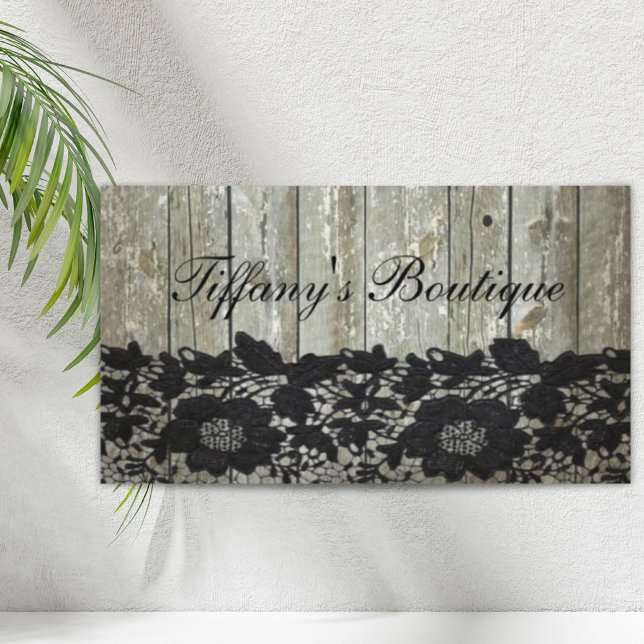 Cartão De Visita boêmia-do-campo, renda preta, lenha-do-mato-rústic (country bohemian Black lace old rustic barnwood Business Card)