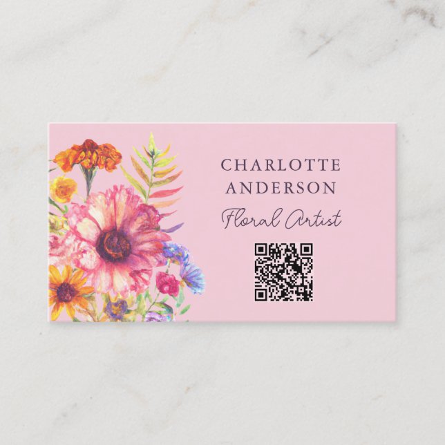Cartão De Visita Bohemian Watercolor Florals qr code (Frente)