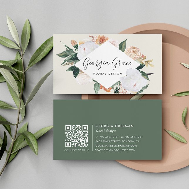 Cartão De Visita Boho Blooms Geométrico Aquarela Floral Código QR (Criador carregado)