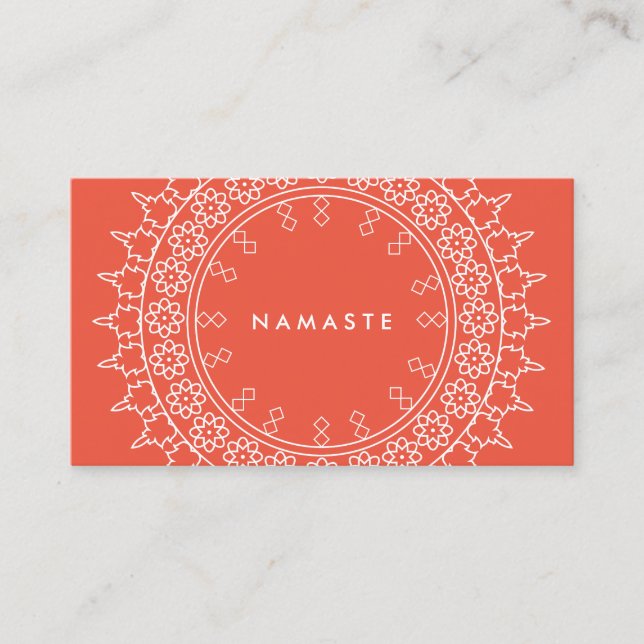 Cartão De Visita Boho Chic Mandala Namaste Yoga Coral (Frente)