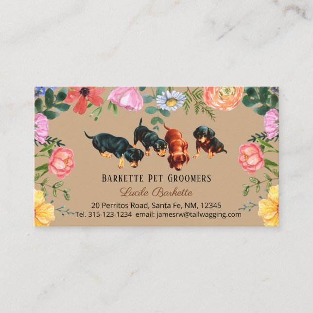 Cartão De Visita Boho Cute Dachshund Pet Cultivando Flores Selvagen (Frente)