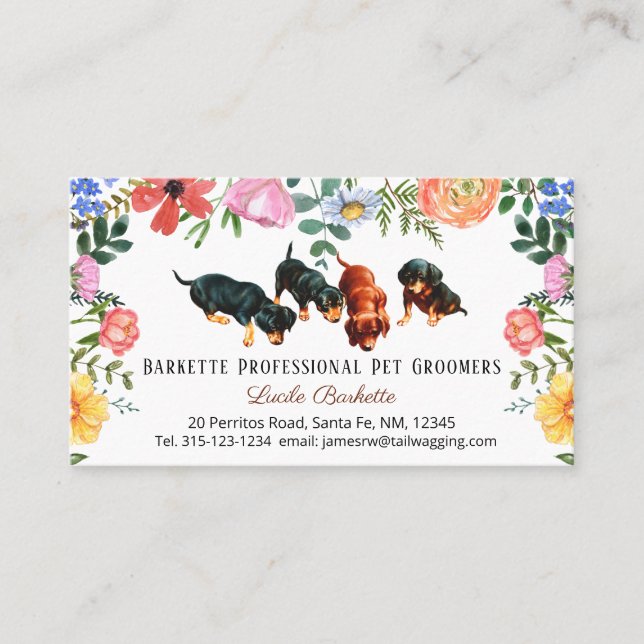 Cartão De Visita Boho Cute Dachshund Pet Cultivando Flores Selvagen (Frente)