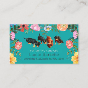 Cartão De Visita Boho Dachshund Serviço de Pet Sitter Flores Silves
