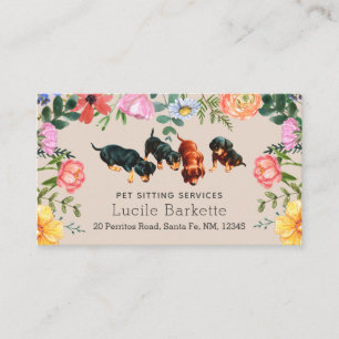 Cartão De Visita Boho Dachshunds Serviço de Pet Sitter Flores Silve