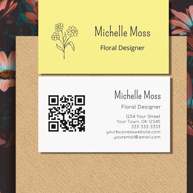 Cartão De Visita Boho Daisy QR code Yellow Floral Designer (Criador carregado)