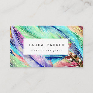 Cartão De Visita Boho Feather Watercolor Bohemian Chic