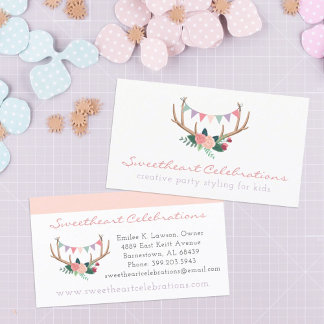 Cartão De Visita Boho Floral Antlers & Shabby Rosa Party Bunting
