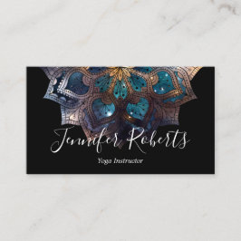 Cartão De Visita Boho Floral Azul Dourado Mandala Chic Preto