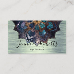 Cartão De Visita Boho Floral Azul Dourado Mandala Chic Yoga Instrut