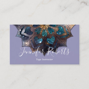 Cartão De Visita Boho Floral Azul Dourado Mandala Roxo