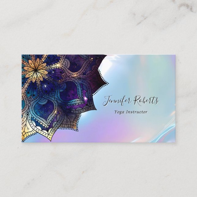 Cartão De Visita Boho Floral Blue Gold Mandala Chic Iridescent (Frente)