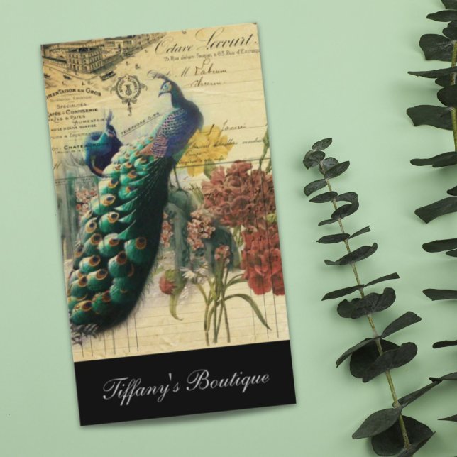 Cartão De Visita boho floral país francês moderno pavão de colheita (boho floral french country modern vintage peacock business card)