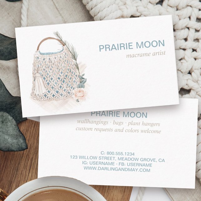Cartão De Visita Boho Macrame Watercolor Bag (Boutique business card with boho feminine macrame crochet bag in neutral color story)