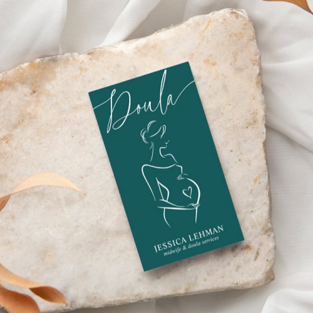 Cartão De Visita Boho Pregnant Lady Line Art Doula Midwife QRCODE  (Criador carregado)