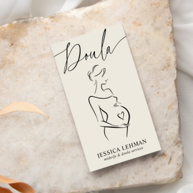 Cartão De Visita Boho Pregnant Lady Line Art Doula Midwife QRCODE  (Criador carregado)