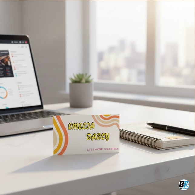 Cartão De Visita Boho Retro Script Abstrato Wavy Lines Amarelo (Criador carregado)