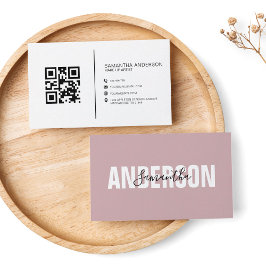 Cartão De Visita Boho Rosa Mínimo Código QR Moderno de Código