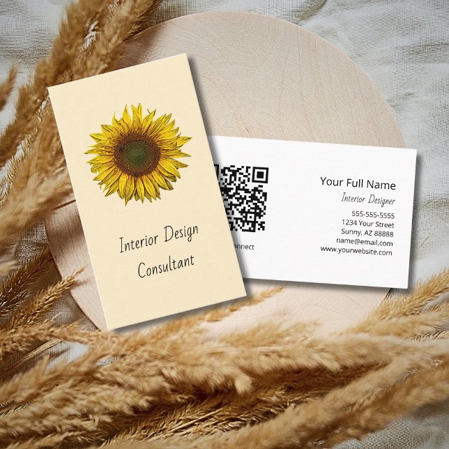 Cartão De Visita Boho Sunflower QR code Designer Rustic Cream (Criador carregado)