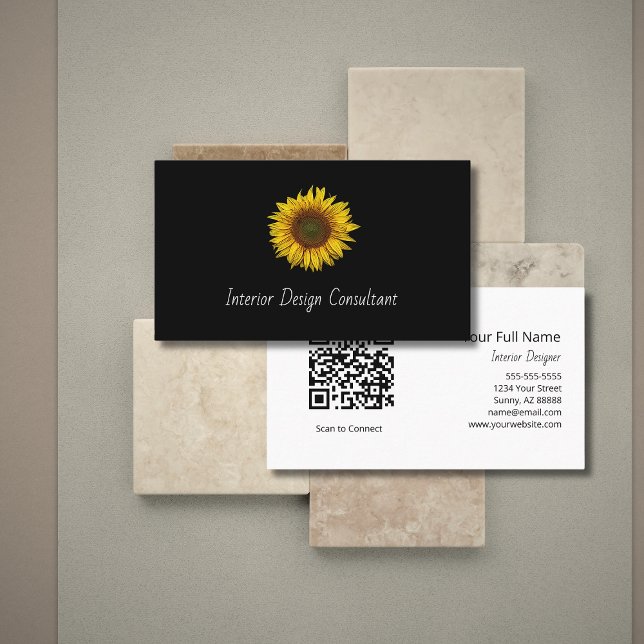 Cartão De Visita Boho Sunflower QR code Interior Designer Black  (Criador carregado)